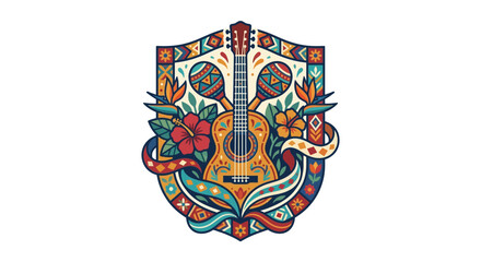 Obraz premium Creative Vibrant of a Guitar Inside an Ornate Shield with Floral and Geometric Patterns in Warm Colors