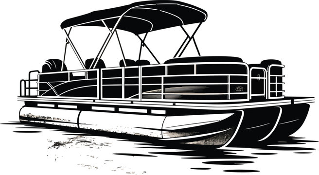 Black silhouette of a modern pontoon boat with canopy on white background for design and decoration purposes