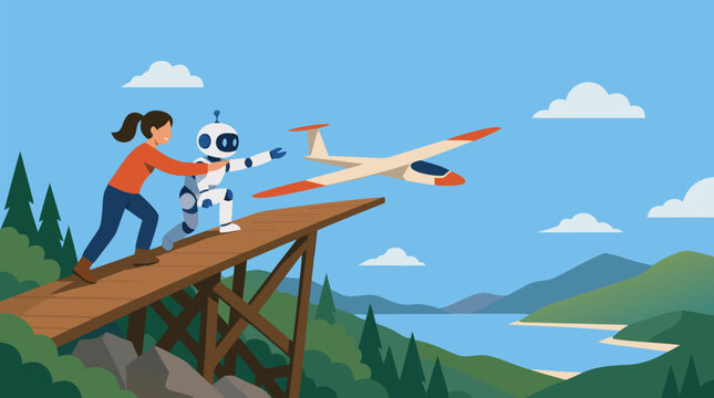 Young woman and friendly white robot collaboratively launching sleek orange glider airplane from wooden mountain ramp overlooking scenic blue lake and green hills under clear sky vector illustration