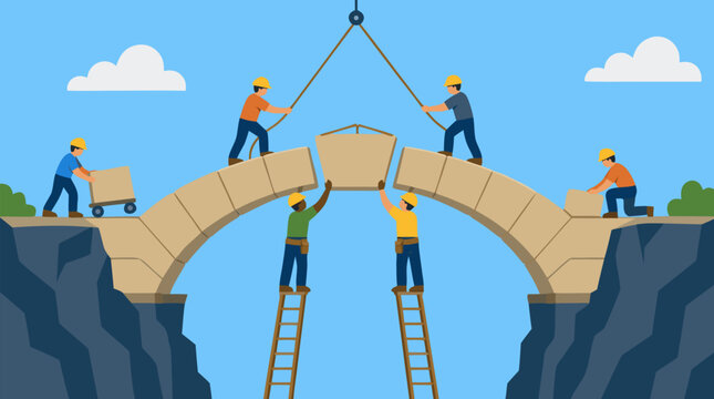 Vector illustration of a diverse construction team working together to build a stone arch bridge over a canyon gap, using ladders and cranes to place the final keystone block, teamwork concept art.
