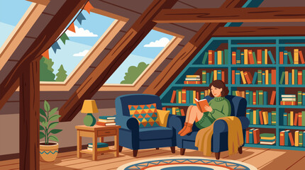 Peaceful woman reading book in cozy attic loft reading nook with skylights wooden beams colorful bookshelves comfortable armchair warm blanket soft natural light relaxation space vector illustration © Md Mamonor
