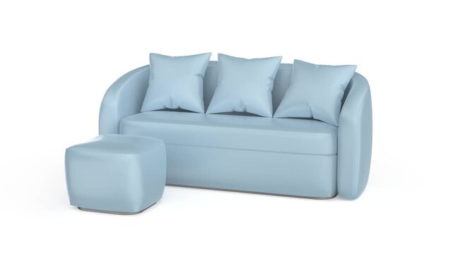 Light blue leather sofa with ottoman on white background