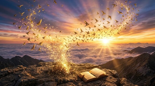 A book bursts open, releasing a multitude of doves into a vibrant sunset sky.