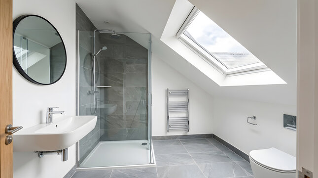 Modern loft conversion en-suite bathroom | contemporary walk-in shower room with skylight | small attic bathroom design ideas | minimalist grey tile bathroom renovation