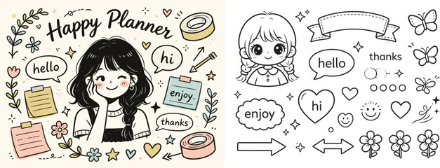 Cute hand drawn doodle set with girl character speech bubbles and planner elements in colored and line art vector style © Nur