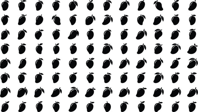 Large Vector Collection of Black Mango Silhouettes with Leaf Details for Minimalist Fruit Branding Organic Produce Packaging and Summer Juice Bar Logo Designs