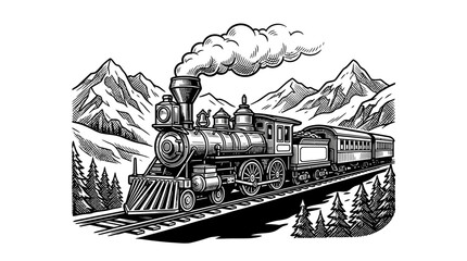 Steam locomotive train traveling through a mountain landscape. © surya