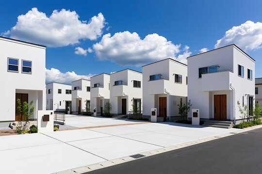 青空が映えるシンプルモダンな白い新築戸建て住宅街