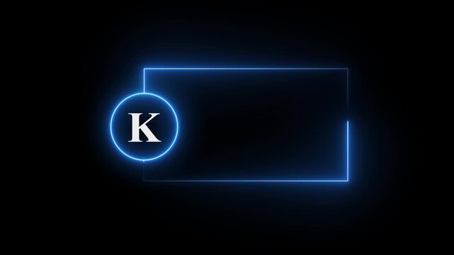 colorful glowing neon K text icon animation. Square rectangle picture frame with one tone neon color motion graphic on isolated black a background.neon text K, icon, 4k video black background.