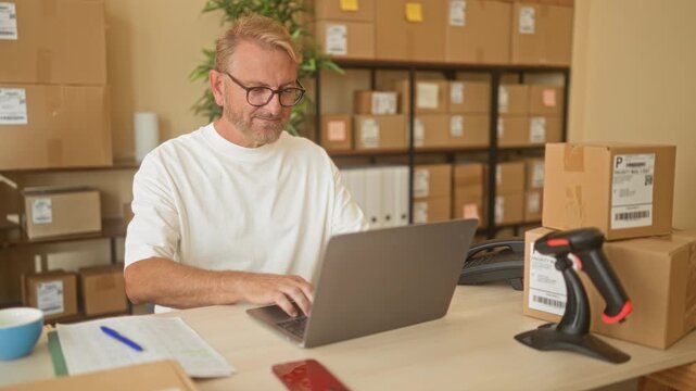 Man at laptop stretching hands amid stacked shipping boxes and barcode scanner on desk in a small business building; productive entrepreneur.