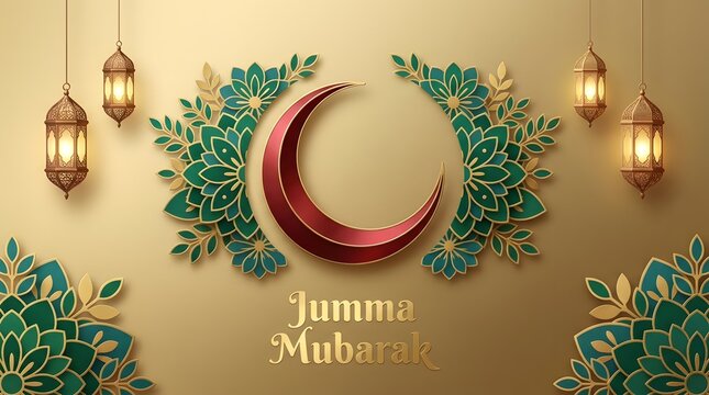 Islamic Friday Greeting Background with Jumma Mubarak Typography, Red Crescent Moon, Lanterns, and Green Paper Cut Floral Ornaments