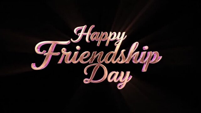Glowing rose gold metallic script Happy Friendship Day text with light rays on black