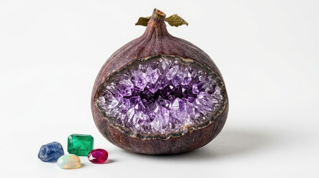 A dark brown fig is cut in half, revealing a stunning interior filled with large, amethyst crystals.