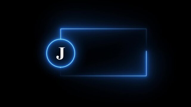 colorful glowing neon J text icon animation. Square rectangle picture frame with one tone neon color motion graphic on isolated black a background.neon text J, icon, 4k video black background.4k