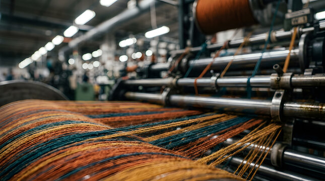 Industrial textile machinery in operation | Warp beams for weaving process | Colorful threads on loom rollers | Textile manufacturing factory floor