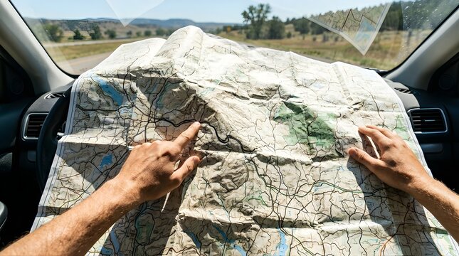 Driver navigating with a paper map inside a car during a road trip