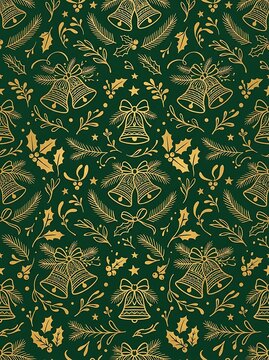 Elegant gold christmas bells and botanical pattern on green