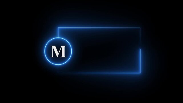 colorful glowing neon M text icon animation. Square rectangle picture frame with one tone neon color motion graphic on isolated black a background.neon text M, icon, 4k video black background.