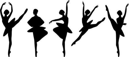 Ballet Dancers Silhouette Set Vector, Graceful Female Ballet Dance Poses Isolated on White Background © Munna