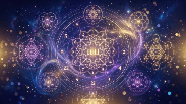A mystical image features a central, ornate geometric design with interconnected circles and metatrons stars.