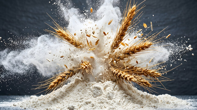 Dynamic explosion of wheat ears and white flour|Abstract food concept for baking and milling|High speed action shot of flour dust cloud|Golden wheat stalks colliding with powder