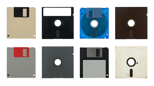 Vintage floppy disk storage media set isolated on transparent background for retro computer design