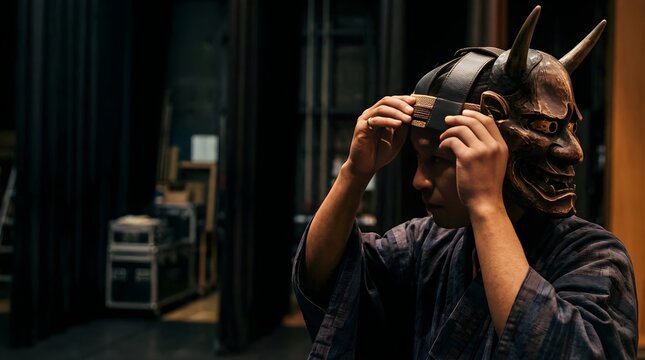 Japanese man wearing traditional hannya mask for theater performance