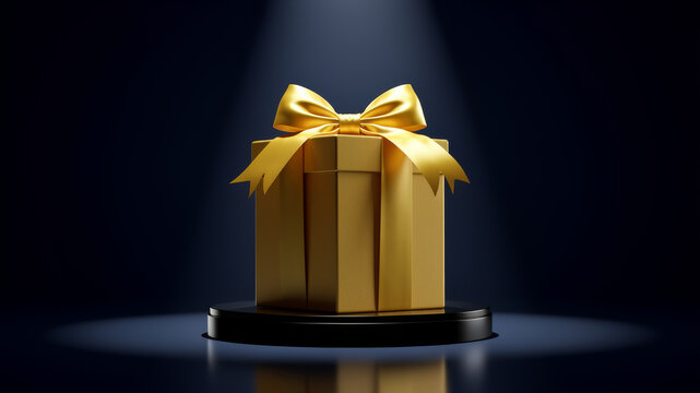 One golden present with a large satin bow stands beneath a cool spotlight on a dark blue stage creating an exclusive luxury gift reveal for seasonal advertising