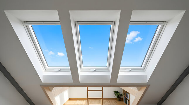 Modern attic skylight installation | Three roof windows with blue sky view | Loft conversion natural lighting design | Contemporary white ceiling roof windows