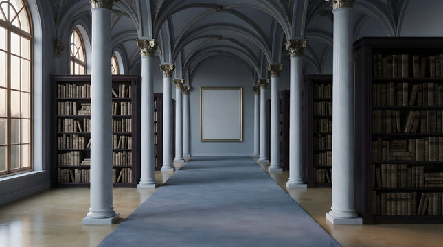 Serene Library Hallway Interior with Blue Carpet and Columns Indoor