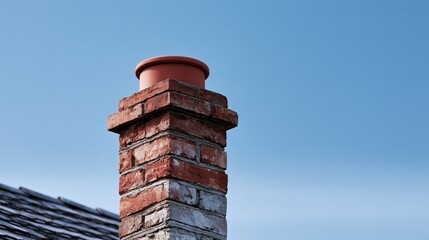 Obraz premium Close-up view of a weathered red brick chimney with a terracotta cap against a clear blue sky