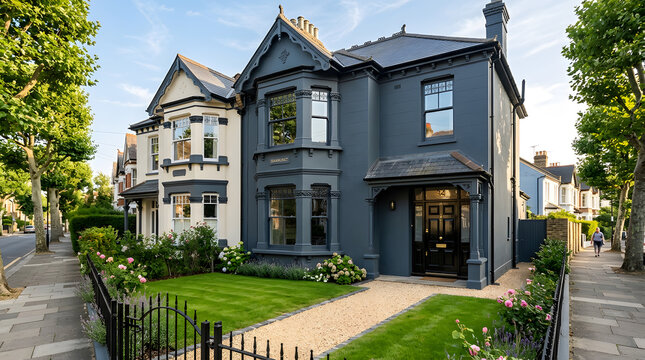Modern charcoal Victorian house exterior repaint | Luxury London terraced home architecture | Dark grey period property renovation ideas | Traditional English house with front garden landscaping