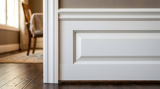 White raised panel wainscoting installation | Traditional dining room wall paneling ideas | Elegant interior millwork and crown molding details | Classic home renovation wall trim accents