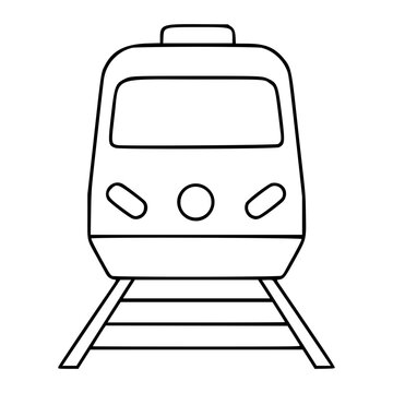 Stylish minimalist train front vector icon with hand-drawn outline, featuring distinctive headlight details and railway tracks for clean scalable transport and travel illustration needs.