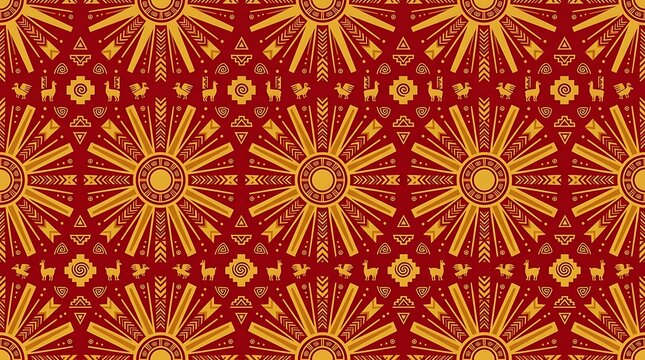 Ethnic andean sun pattern with llamas and geometric symbols