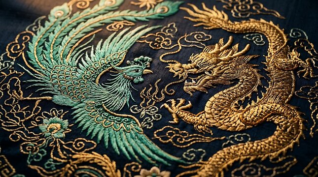 Ornate embroidery of golden dragon and teal phoenix on dark fabric
