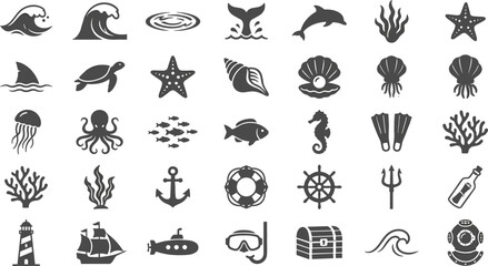 Undersea Ocean Marine Wildlife and Nautical Exploration Icon Set with Sea Animals, Coral Reefs, Deep Scuba Diving, and Maritime Treasure Symbols for Vector Graphic Designs © amzad