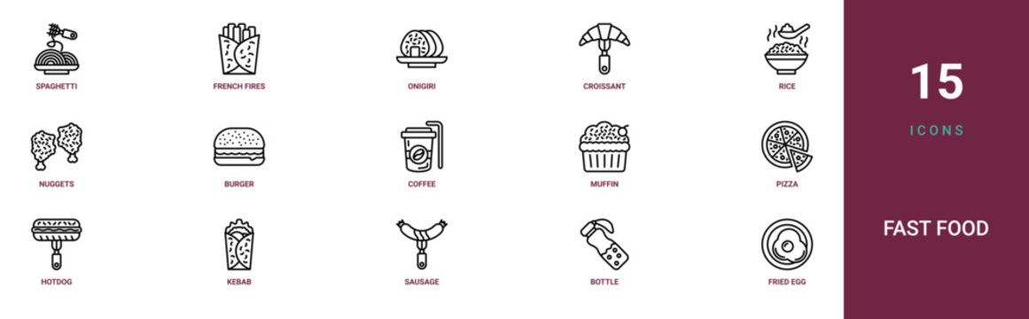 Set of 15 outline web Fast Food icons such as fried egg, bottle, sausage, kebab, hotdog, pizza, muffin vector icons for report, presentation, diagram, web design, mobile app