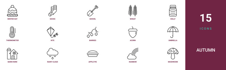 Set of 15 outline web Autumn icons such as mushroom, rainbow, apple pie, rainy cloud, barn farm, umbrella, acorn vector icons for report, presentation, diagram, web design, mobile app © Maximilian