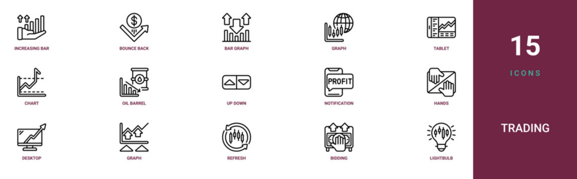 Set of 15 outline web Trading icons such as lightbulb, bidding, refresh, graph, desktop computer, hands, notification vector icons for report, presentation, diagram, web design, mobile app