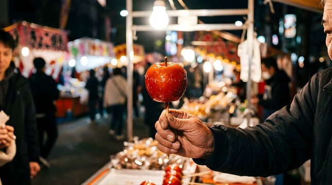 Person holding a sweet glazed candy apple at a Japanese night festival
