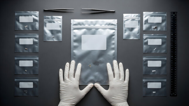 Gloved Hands Handling Small Bags on Gray Surface with Tweezers