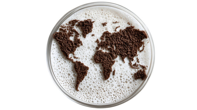 World map made of coffee powder on milk foam inside a cup