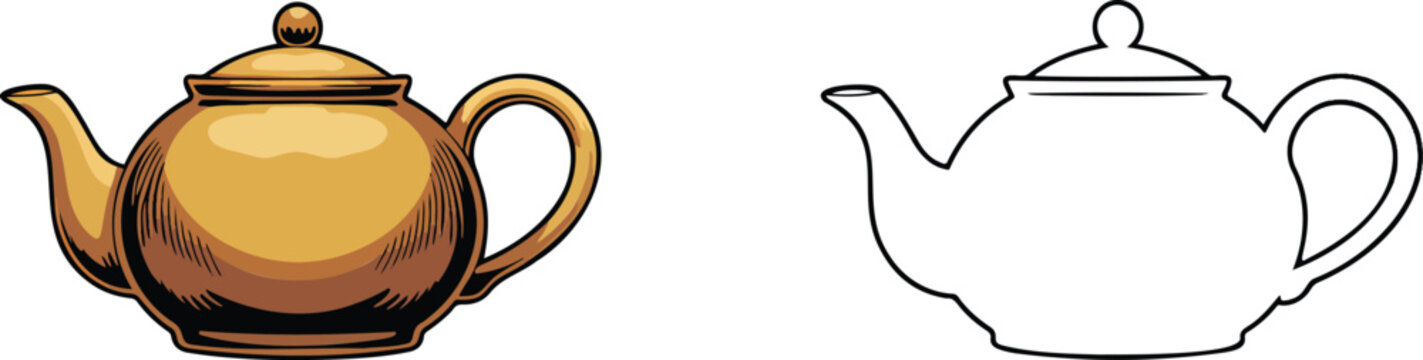 Tea kettle illustration & outline set isolated on transparent background 