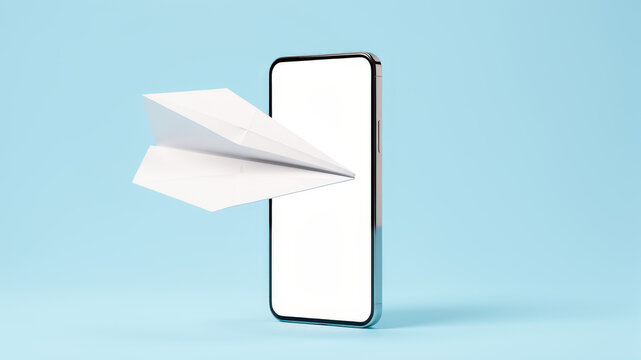White paper plane flies from an upright smartphone on a pale blue background creating a clean mobile messaging email delivery and digital communication concept