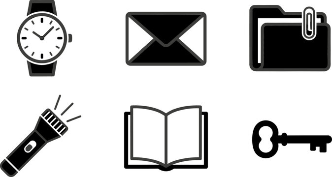 Minimalist Black and White Office and Adventure Vector Icon Set Featuring Watch Envelope Folder Flashlight Open Book and Classic Key