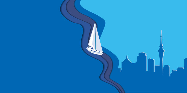 Auckland city skyline papercut vector background with white sailboat, City of Sails minimalist creative concept with copy space