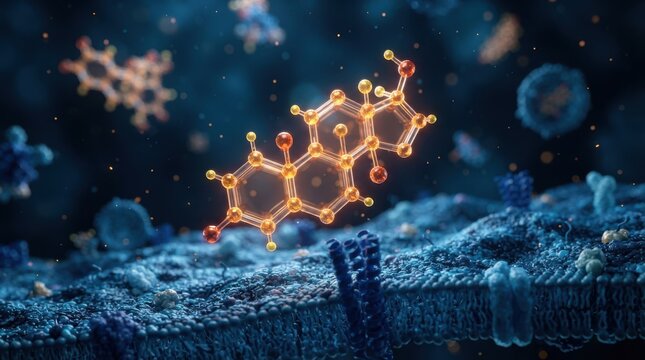 3d render of a steroid hormone molecule near a cell membrane