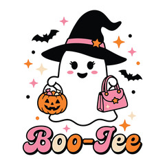Fototapeta premium Cute halloween vector ghost with pumpkin and handbag spooky season illustration for party decorations and festive designs