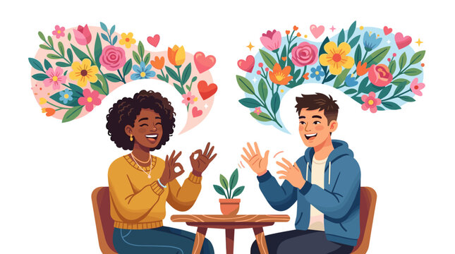 Diverse couple enjoying conversation over potted plant with flowers . International Day of the Deaf